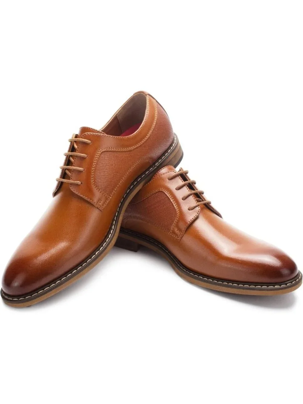 Men's Tan Leather Solid Lace-Up Fit Business Derby Brogue Oxfords Dress Shoes